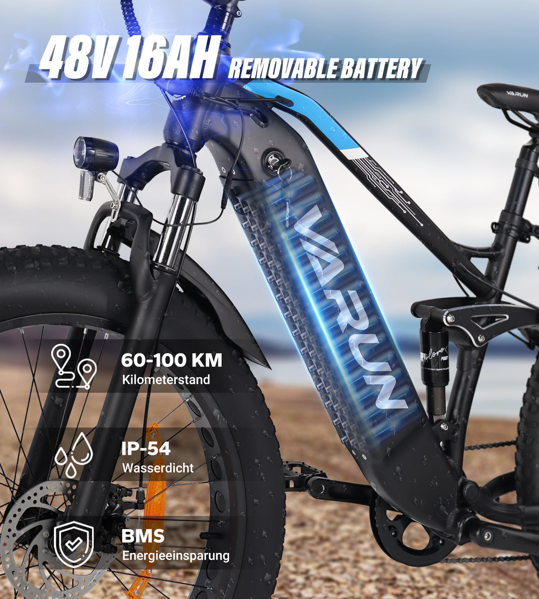 Fat Tire E-Mountainbike Pedelec Bicicleta eléctrica todo terreno con suspensión total 90 Nm Batería extraíble de largo alcance - Varun Ballistic 26'' E-Bike