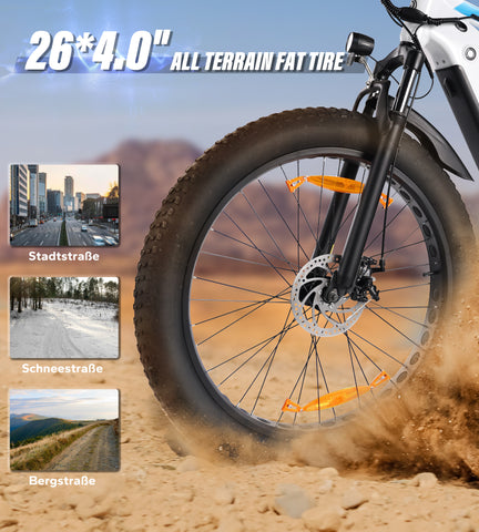 Fat Tire E-Mountainbike Pedelec Bicicleta eléctrica todo terreno con suspensión total 90 Nm Batería extraíble de largo alcance - Varun Ballistic-White 26'' E-Bike